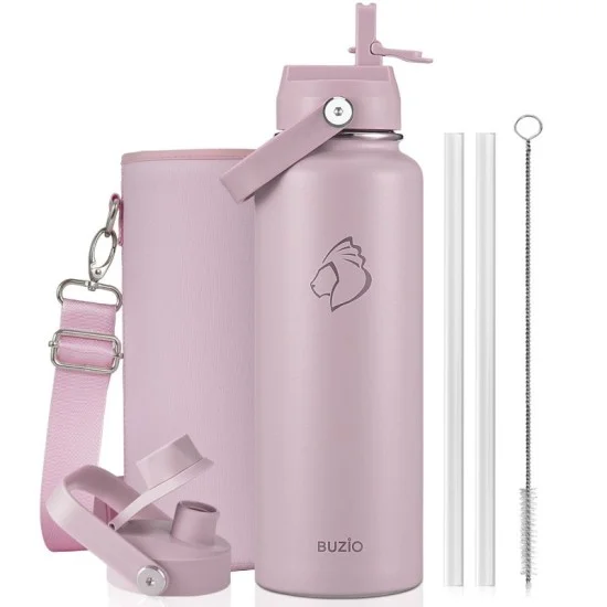 Buzio Duet Series Water Bottle with 2 Lids and Sleeve 1.2L - Purple